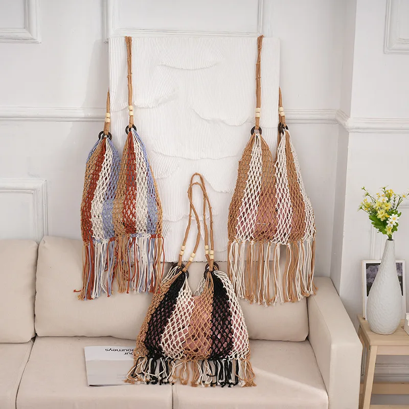 Women's Medium Cotton Rope Color Block Vacation Beach Tassel Weave Bucket Open Straw Bag