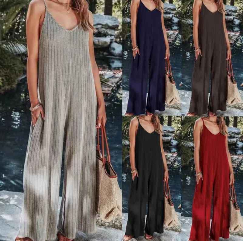 Summer  Women's One-Piece Suit Backless Solid Color Sexy European Trousers Casual Loose Cotton Fabric