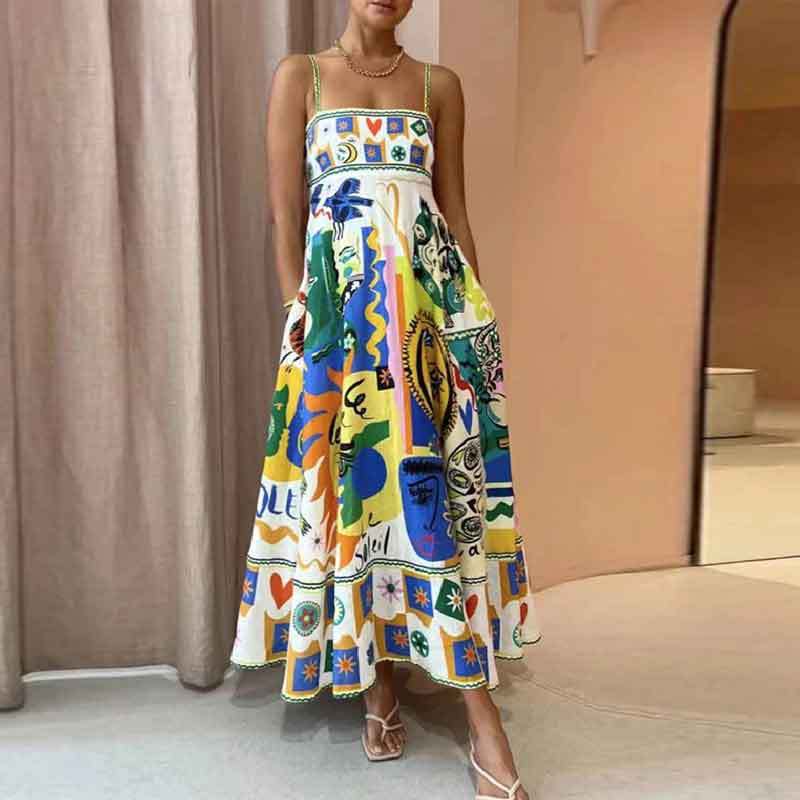 Women's Strap Dress Vacation Collarless Printing Sleeveless Printing Maxi Long Dress Holiday Beach