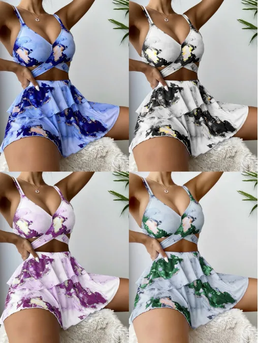 Women's Vacation Printing 3 Pieces Set Bikinis Swimwear