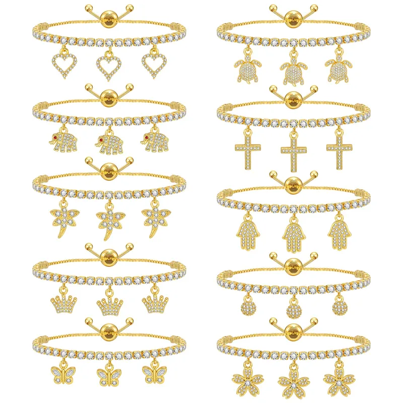 Copper 18K Gold Plated Cute Beach Shiny Inlay Animal Heart Shape Flower Zircon Bracelets