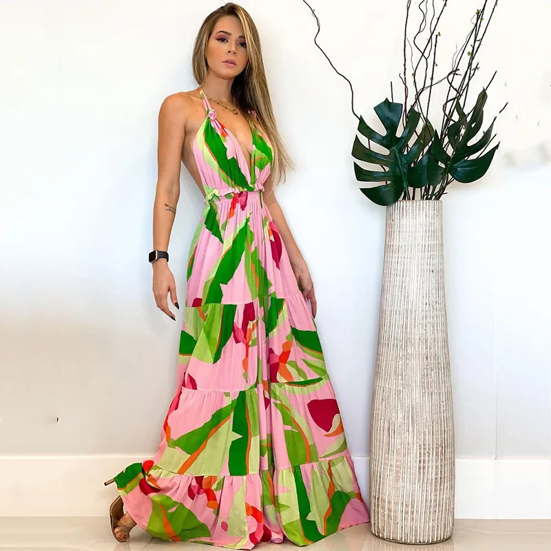 Women's Strap Dress Simple Style Halter Neck Printing Sleeveless Flower Maxi Long Dress Casual