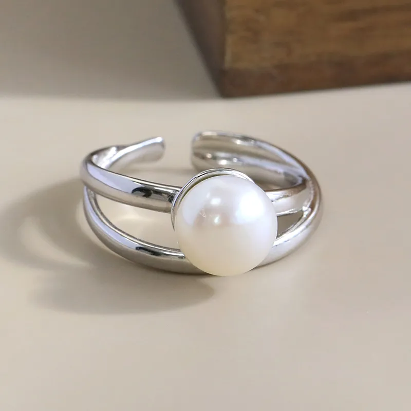 White Gold Plated 925 Sterling Silver Pearl Solid Color Open Rings