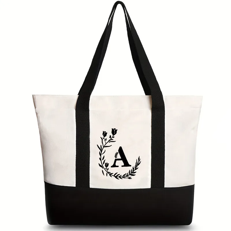 Women's Medium Canvas Letter Flower Classic Style Square Zipper Shoulder Bag