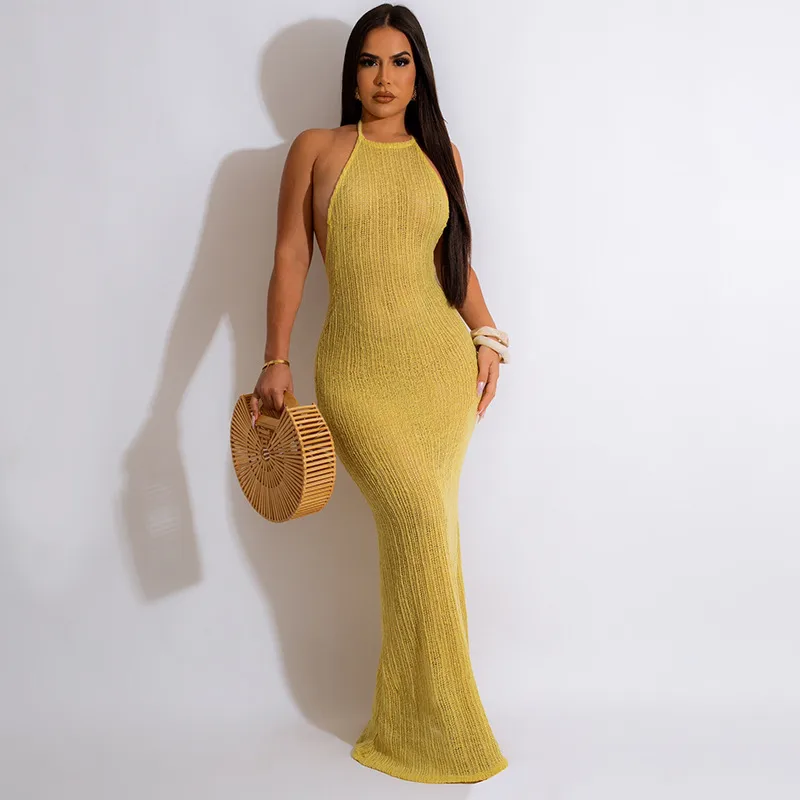 Women's Sheath Dress Sexy Halter Neck Backless Sleeveless Solid Color Maxi Long Dress Outdoor Beach Date