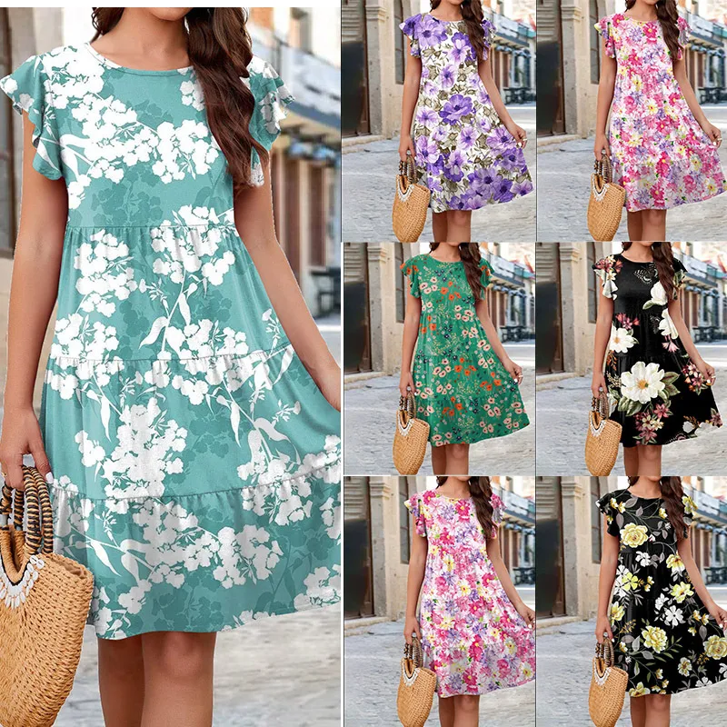 Women's Regular Dress Casual Round Neck Printing Short Sleeve Flower Knee-Length Holiday Daily