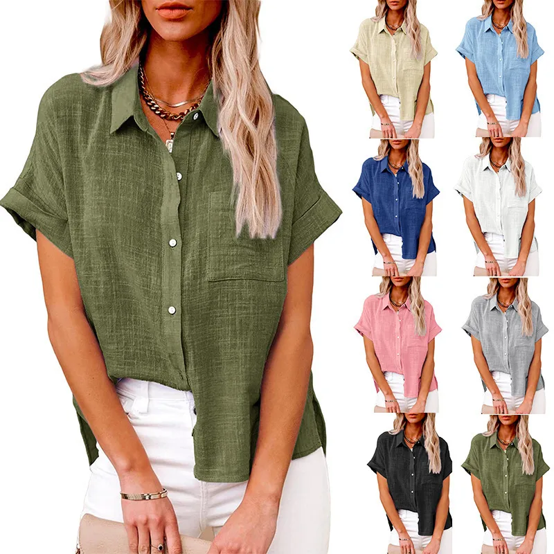 Designed Europe And The United States Spring And Summer New Explosion Top Cotton And Linen Pocket Short Sleeve Shirt T-shirt Women's Clothing