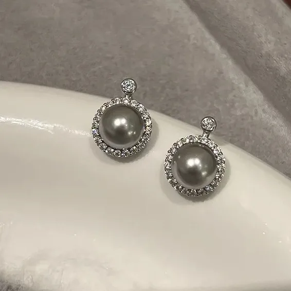 1 Pair 925 Sterling Silver Artificial Pearls Rhinestones Round Ear Studs