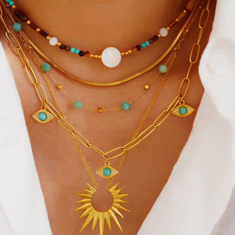 Elegant Vintage Style Streetwear Geometric Round Devil's Eye 14K Gold Plated Amazonite Natural Stone Titanium Steel Wholesale Rings Bracelets Necklace