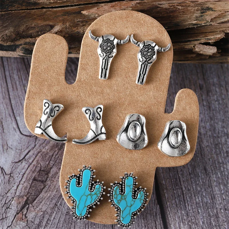 1 Set Cowboy Style Modern Style Classic Style Cactus Hat Boots Plating Inlay Zinc Alloy Turquoise Ear Studs