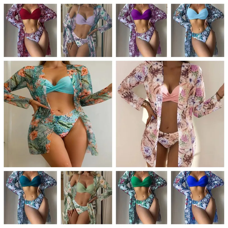 Women's Vacation Printing Solid Color 3 Pieces Set Bikinis Swimwear
