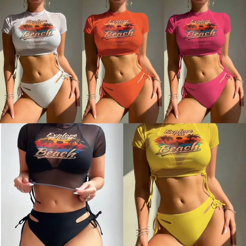 Women's Vacation Cartoon Letter Coconut Tree 3 Pieces Set Bikinis Swimwear