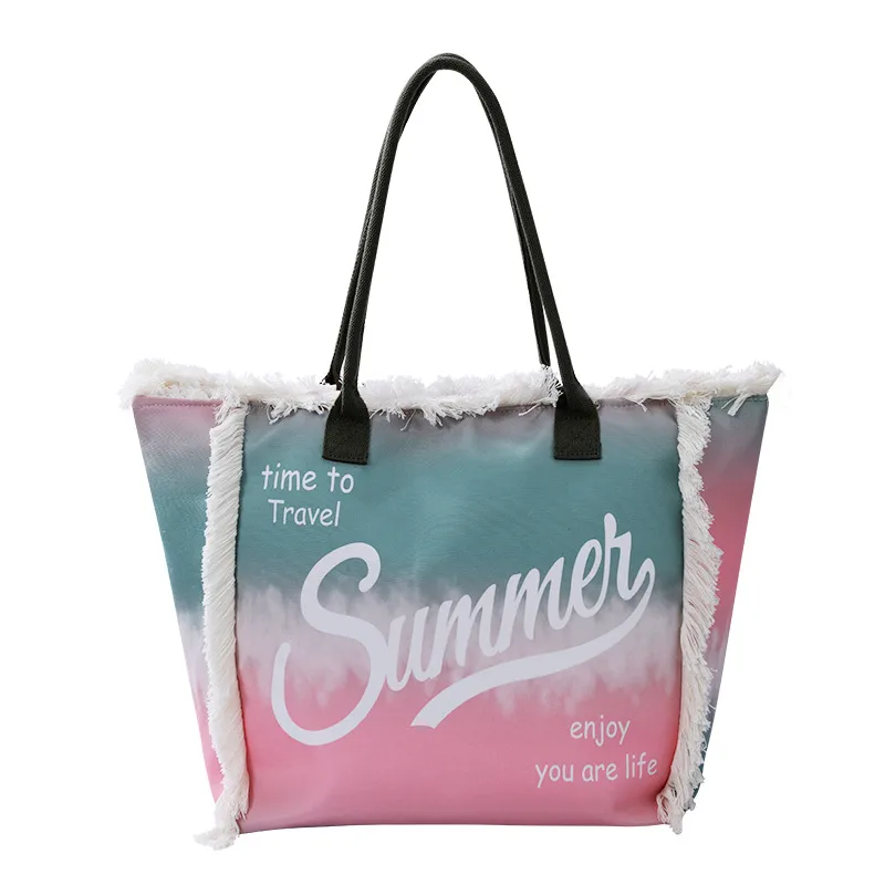 Women's Large Canvas Letter Color Block Vacation Beach Zipper Beach Bag
