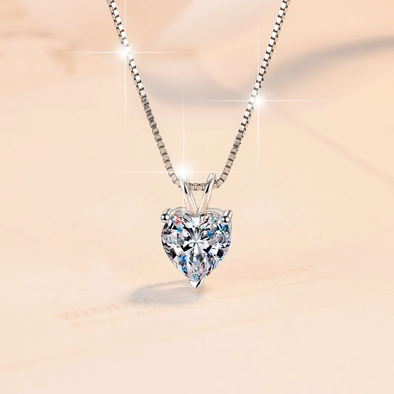 925 Sterling Silver Moissanite Zircon Box Chain GRA Certificate Plating Inlay Heart Shape Pendant Necklace