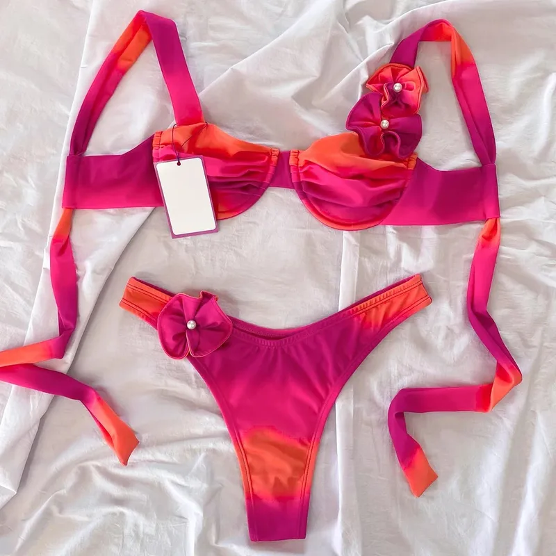 Women's Gradient Color Flower 2 Pieces Set Bikinis Swimwear