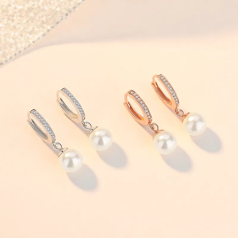 1 Pair 925 Sterling Silver Pearl Zircon Round Drop Earrings