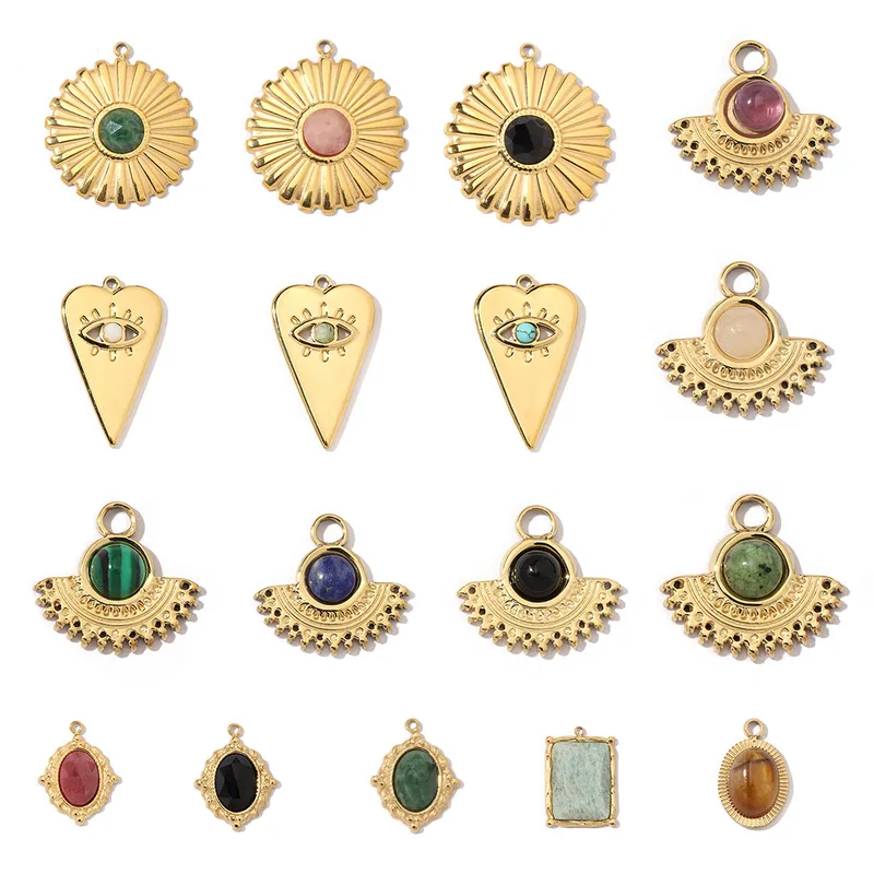 A Pack Of 3 24 * 22mm 201 Stainless Steel Natural Stone 18K Gold Plated Sector Square Polished Pendant