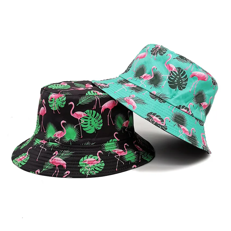 Unisex Casual Simple Style Leaves Flamingo Printing Wide Eaves Bucket Hat