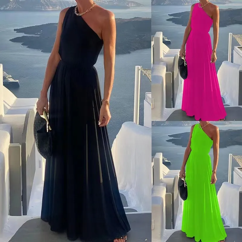 Women's Party Dress Elegant Oblique Collar Sleeveless Solid Color Maxi Long Dress Business Wedding Party