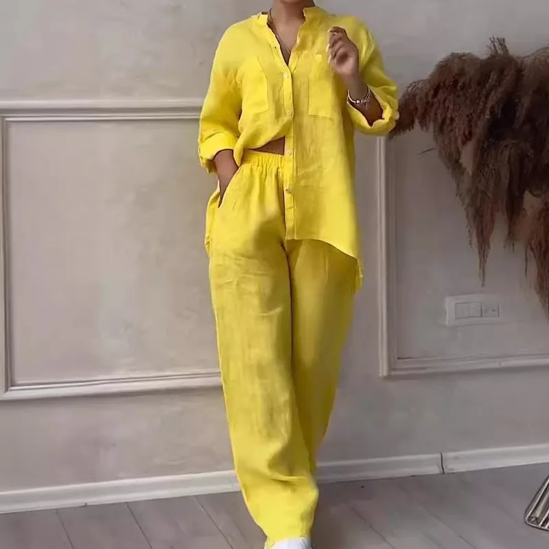 Holiday Daily Women's Casual Solid Color Linen Pocket Pants Sets Pants Sets