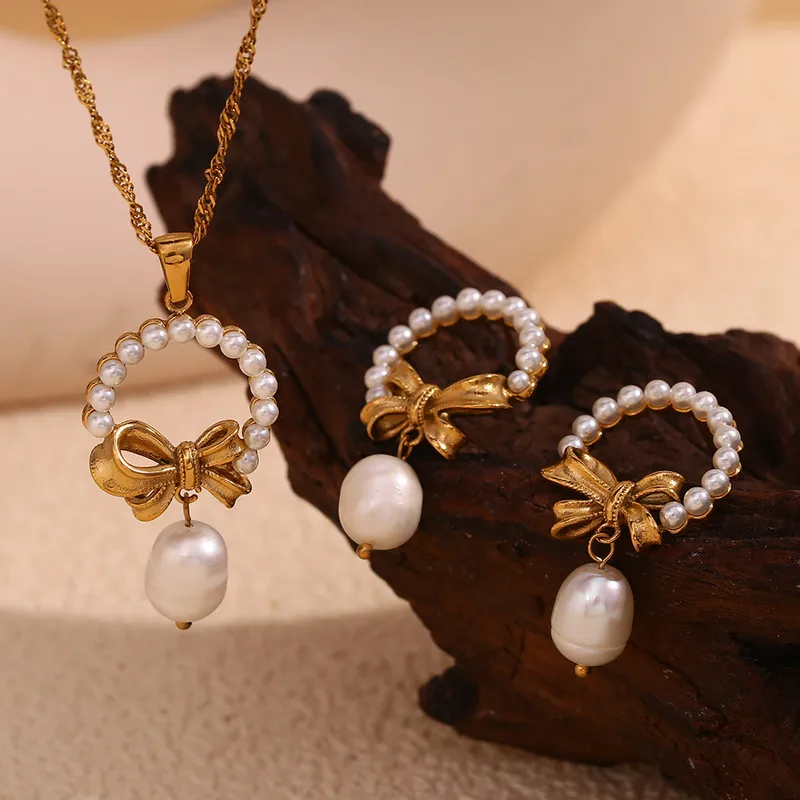 Wholesale Jewelry Lady Bow Knot 304 Stainless Steel Plating Bowknot Earrings Necklace