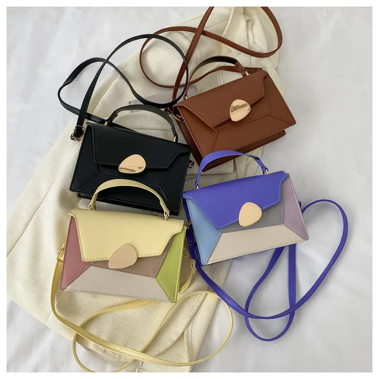 Women's Small Pu Leather Color Block Classic Style Square Flip Cover Shoulder Bag Handbag