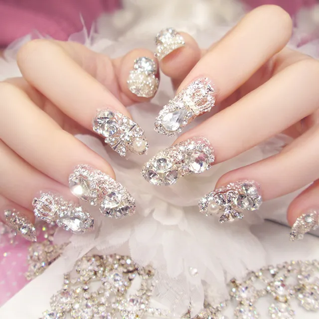 Wearing Nail Finished Nail Art 24 Pieces Boxed Fake Nails Wholesale Shining Gem Bride Nail Art Patch U36