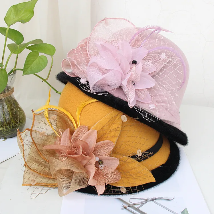 Woolen Hat Women's Autumn And Winter British Socialite Feather Mesh Bowler Hat Korean Casual  Fisherman Hat Basin Hat Trendy