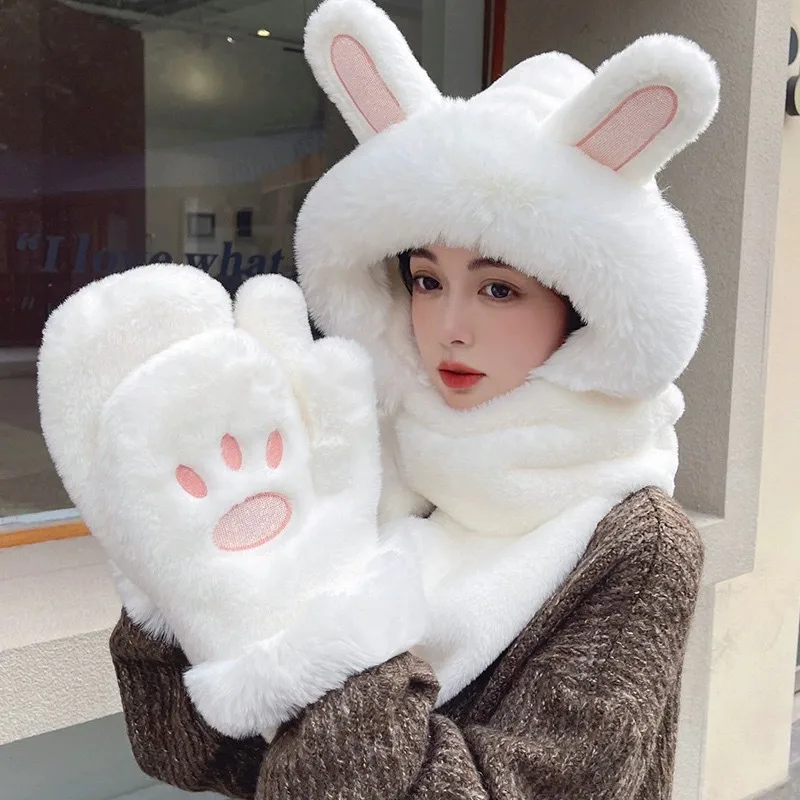 Hat Women's Winter Ear Protection Hat With Velvet Thickened Hat Scarf Three-piece Gloves One-piece Hooded Rabbit Ear Cute
