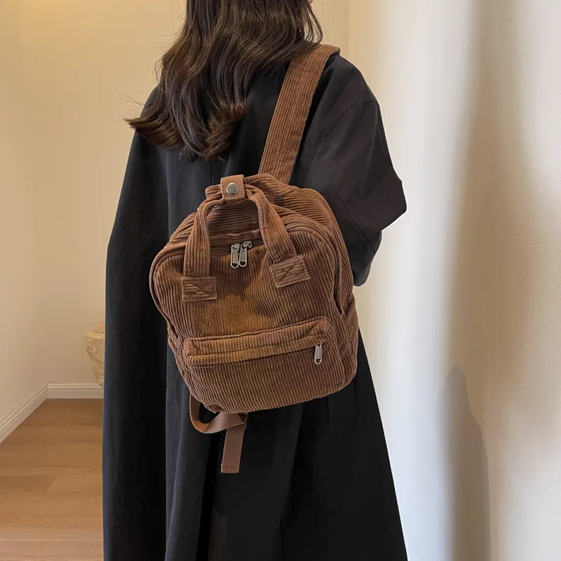 Japanese Style Solid Color Corduroy Schoolbag Women's Korean Style High School And College Students Retro Backpack Simple Fashionable Portable Backpack