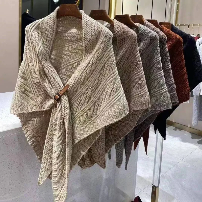 Korean Style Popular Cloak Spring And Autumn New Warm Leather Buckle Shawl Internet Celebrant New Twill Cloak Anchor Recommended