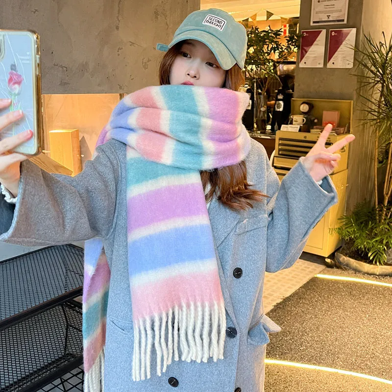 Women's Cute Sweet Color Block Mohair Tassel Scarf