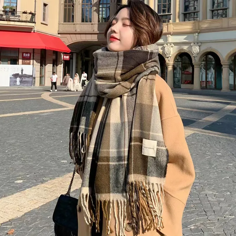 Women's Elegant Simple Style Lattice Imitation Cashmere Tassel Scarf