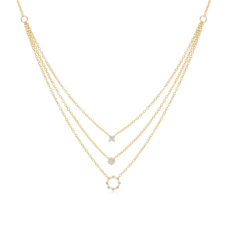 Sterling Silver Zircon Plating Geometric Three Layer Necklace