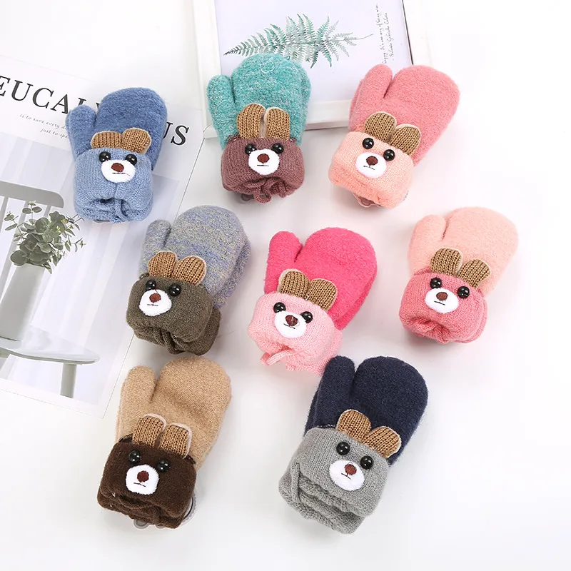 0-3 Years Old Children's Gloves Cute Bear Winter Lanyard Outdoor Cold-proof Double-layer Knitted Plush Warm