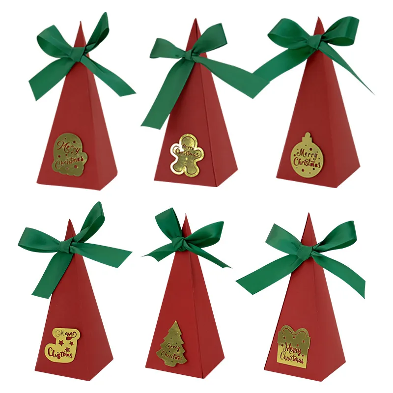 Christmas Triangle Candy Box Gold Card Wedding Sweets Packaging Paper Box Triangle Shaped Wedding Favor Container