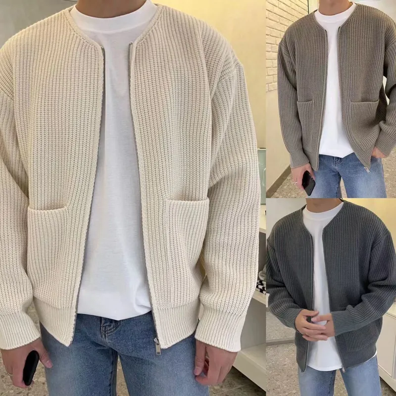 2024 Autumn And Winter New Fashion Trendy Ins Tide Knitted Cardigan Men's Solid Color Sweater Loose Casual Laid-Back Style