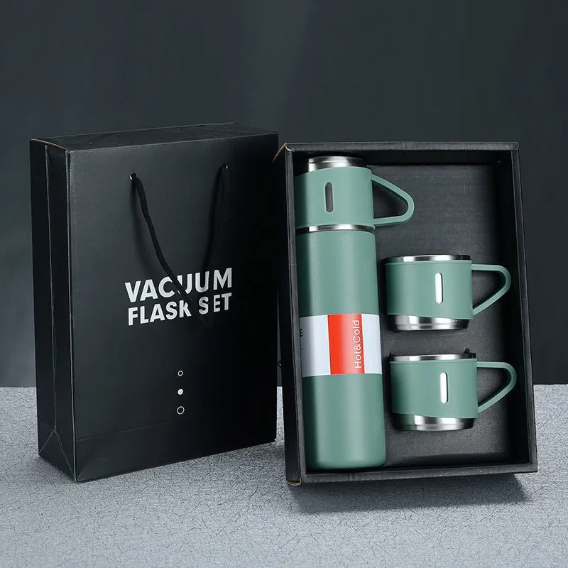 A Cup Of Three Lid New Stainless Steel Thermos Cup Gift Box Set 500ml Men's Business Tea Gift Cup Logo Printing