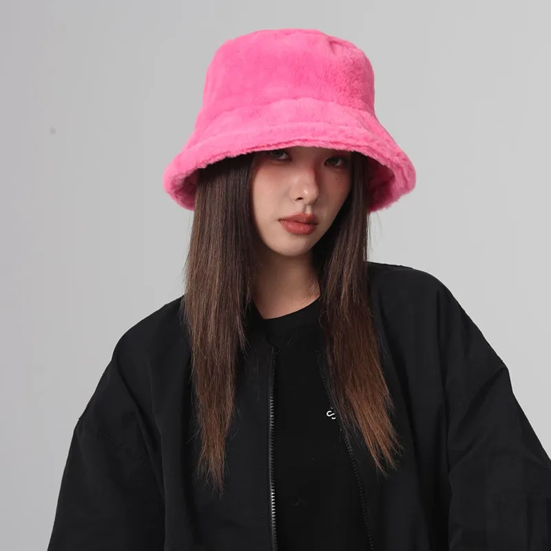 Autumn And Winter New Imitation Rabbit Fur And Velvet Fisherman Hat Women's Thickened Warm Basin Hat Fashionable  Bucket Hat Candy Color