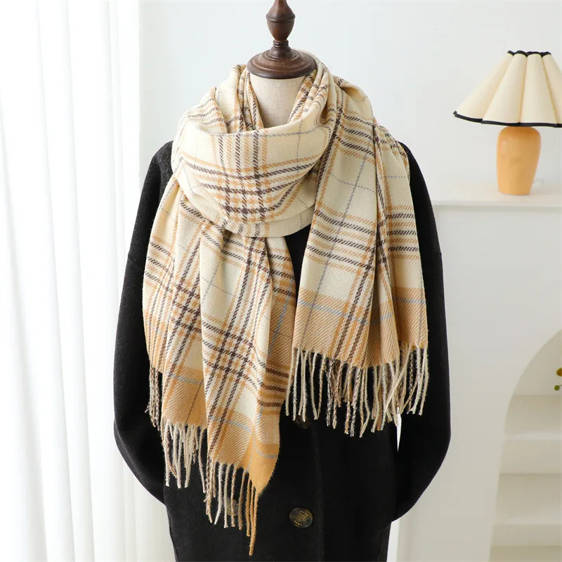 New Plaid Artificial Cashmere Scarf Autumn And Winter Korean Style Simple All-Matching Warm Scarf Women's Thickened Tassel Shawl