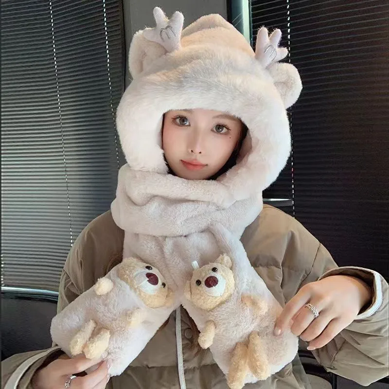 Long Bao Hat Autumn And Winter Women's Scarf Gloves -one Hooded Winter Scarf Cute Warm Plush Winter Three-piece Set