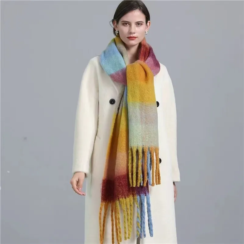 Mohair Rainbow Autumn And Winter Wool Thickened Long Net Red Sea Plaid Scarf Women's British-style  Trendy Warm-keeping ·