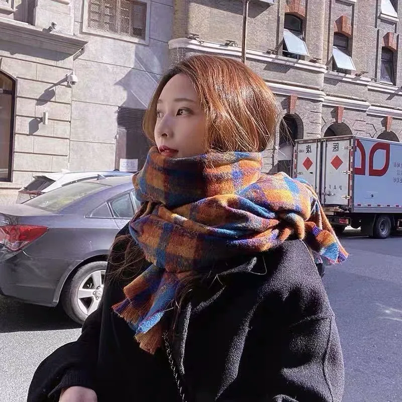 Plaid Scarf Women's Autumn And Winter Korean Style Long Student Couple Shawl Warm  Cute Internet Celebrity Thick Scarf