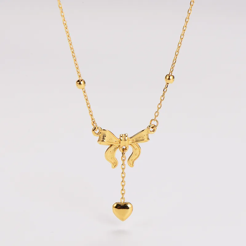 Wholesale Jewelry Queen Bridal Shiny Heart Shape Bow Knot 304 Stainless Steel Pendant Necklace