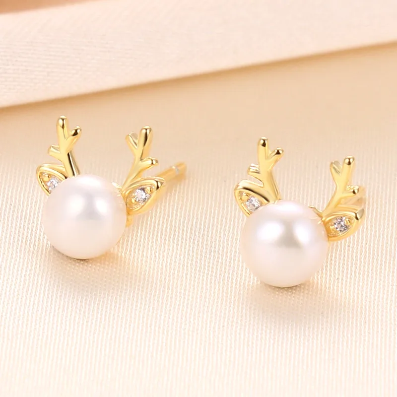 1 Pair 925 Sterling Silver Pearl Antlers Ear Studs