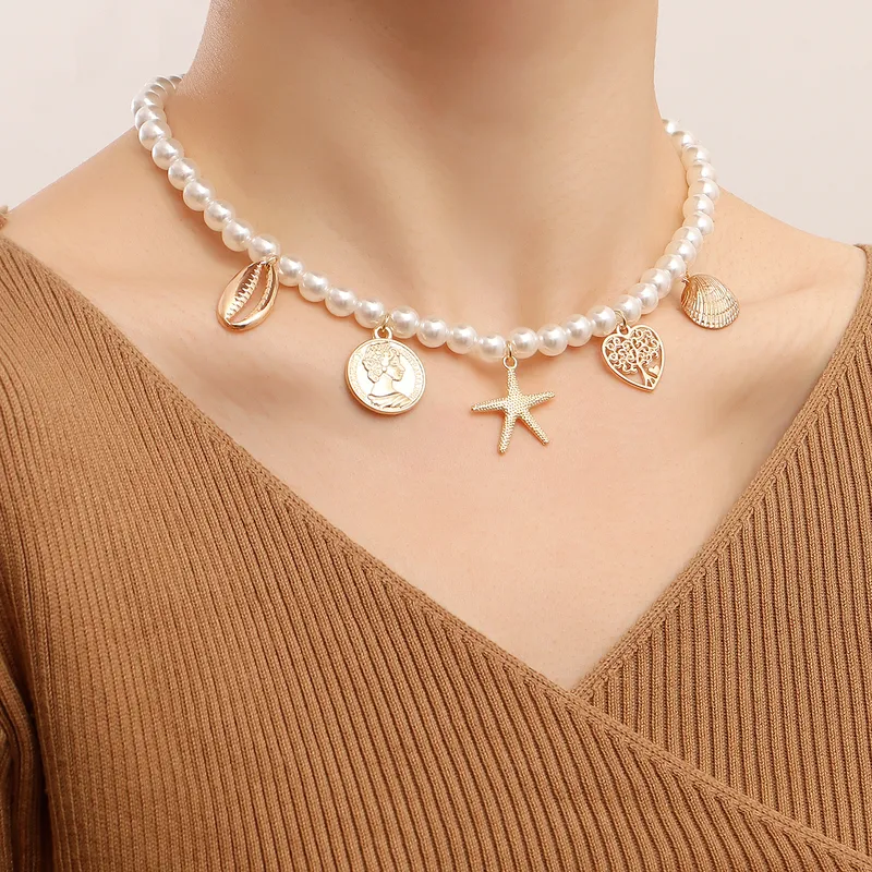 Jewelry Ocean Style Imitation Pearl Neck Chain Starfish Pendant Necklace Women's  High-end  Necklace