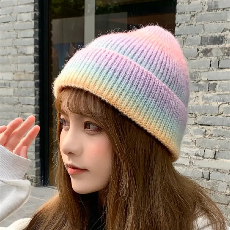 New Rainbow Thickened Tie-Dye Hat  Korean Autumn And Winter Gradual Color Wool Hat Women's Warm Ear Protection Cold Hat For Women