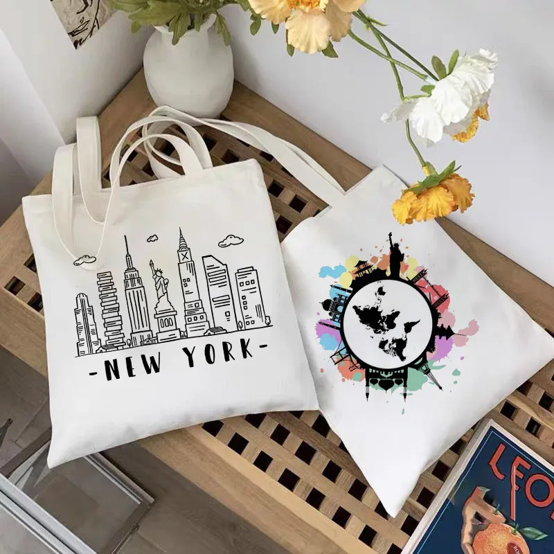 Women's Large Canvas Letter Building Streetwear Square Open Shoulder Bag
