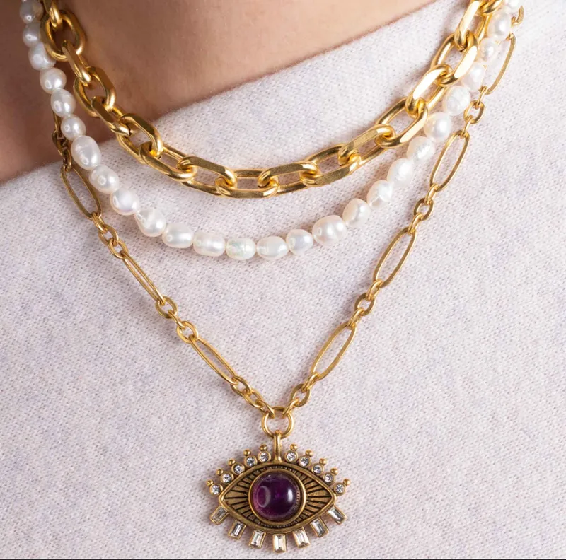 Wholesale Jewelry Luxurious Devil's Eye 304 Stainless Steel Gem Zircon 18K Gold Plated Inlay Pendant Necklace