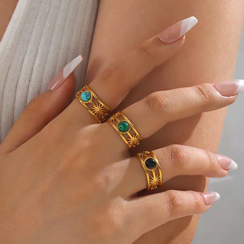 Wholesale Jewelry IG Style Simple Style Round 304 Stainless Steel Malachite Turquoise Tiger Eye 18K Gold Plated Plating Inlay Open Rings